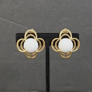 Trifari Clip On Earrings Gold Tone White Cabochon Flower Quatrefoil Classic VTG
